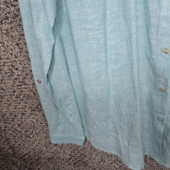Susan Graver Top Womens Medium Blue Linen Blend Button Up Roll Tab Sleeve Ladies - Picture 3 of 7